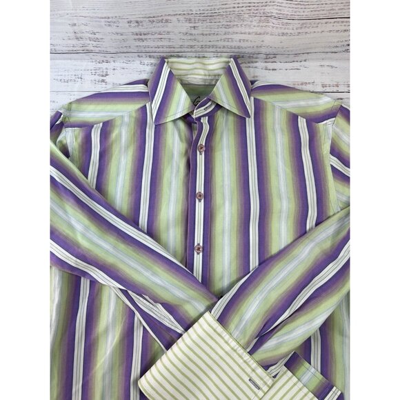 Robert Graham Dress Shirt Lime GreenPurple White Striped Colorful Button Down - Picture 9 of 16